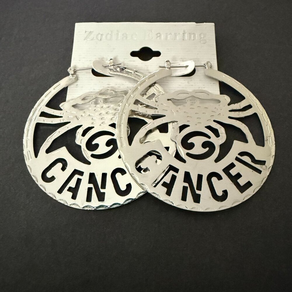 NOC Zodiac Cancer Earrings Silver Round Cutout Textured Design Astrology Jewelry